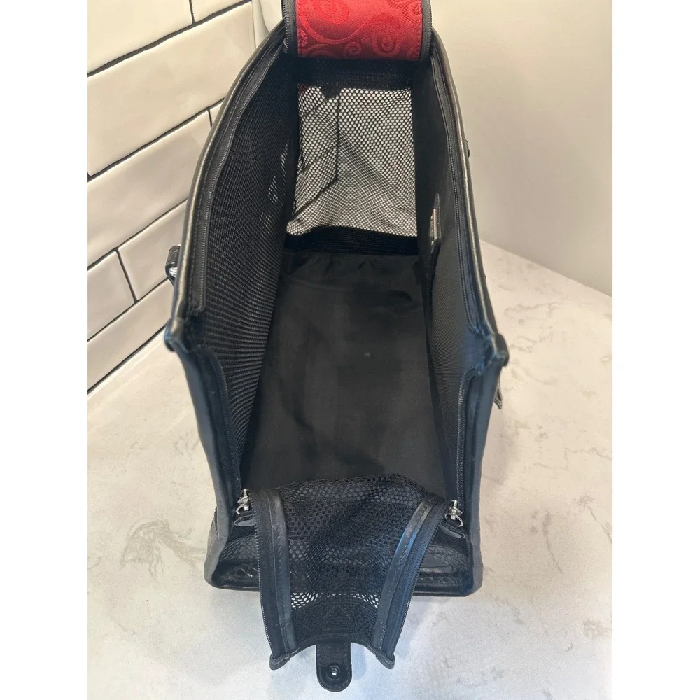 Brighton Black Croc Embossed Leather Red Scroll Pet Carrier Tote Bag U145870